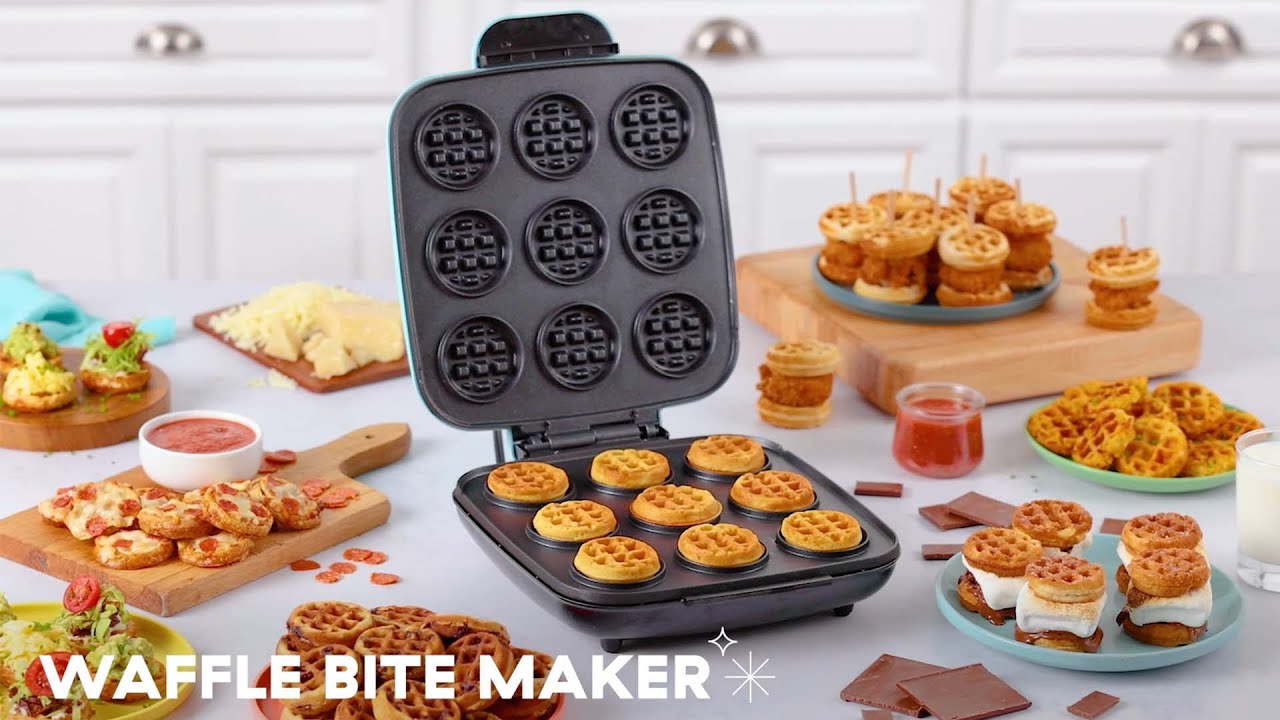 Waffle batter is poured into the waffle bite maker and cooked. Nine mini waffles are made and plated and made into s’mores, mini pizzas, and more.