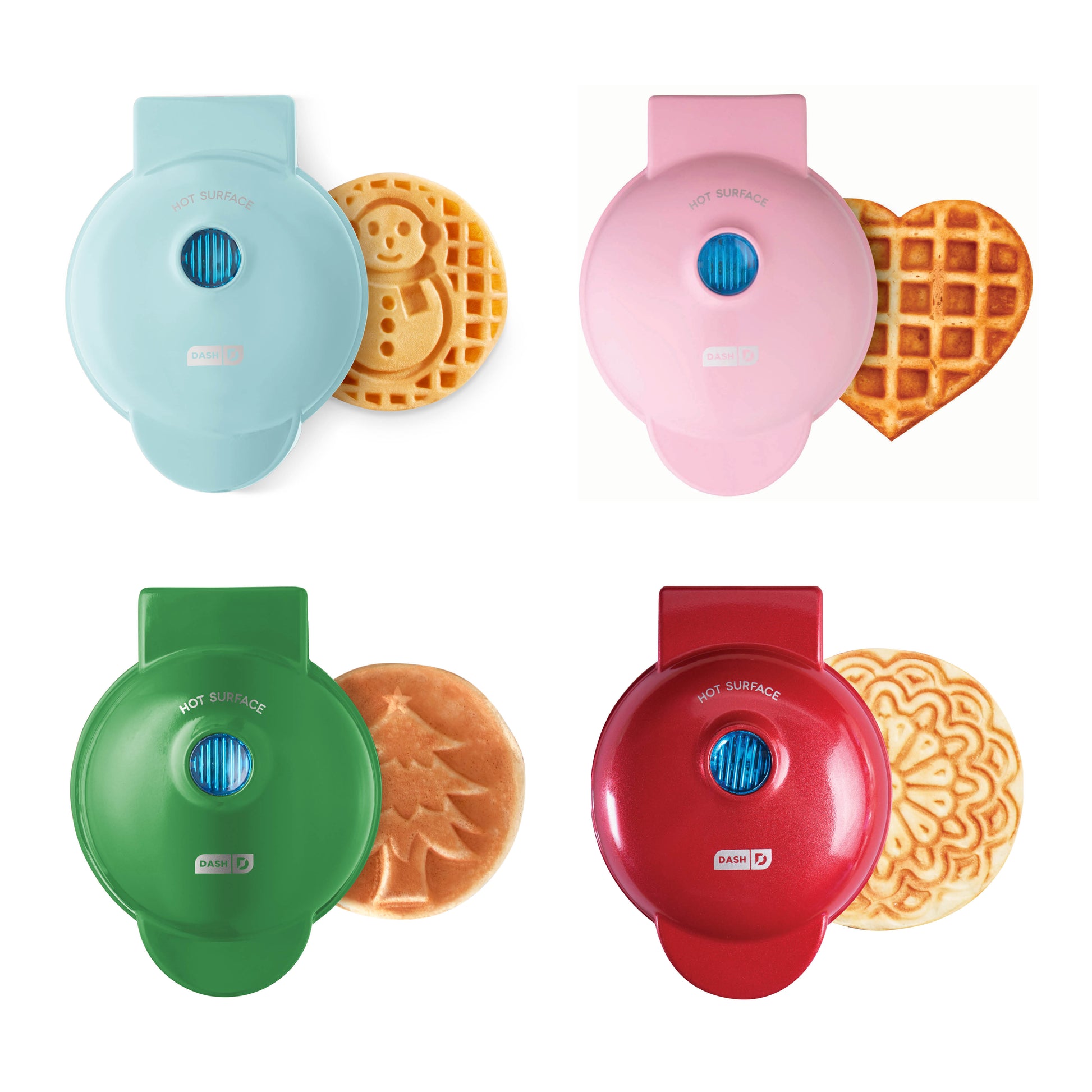 Holiday Mini Maker Set of Four Waffle Maker Support Snowman + Pizzelle + Heart + Christmas Tree  