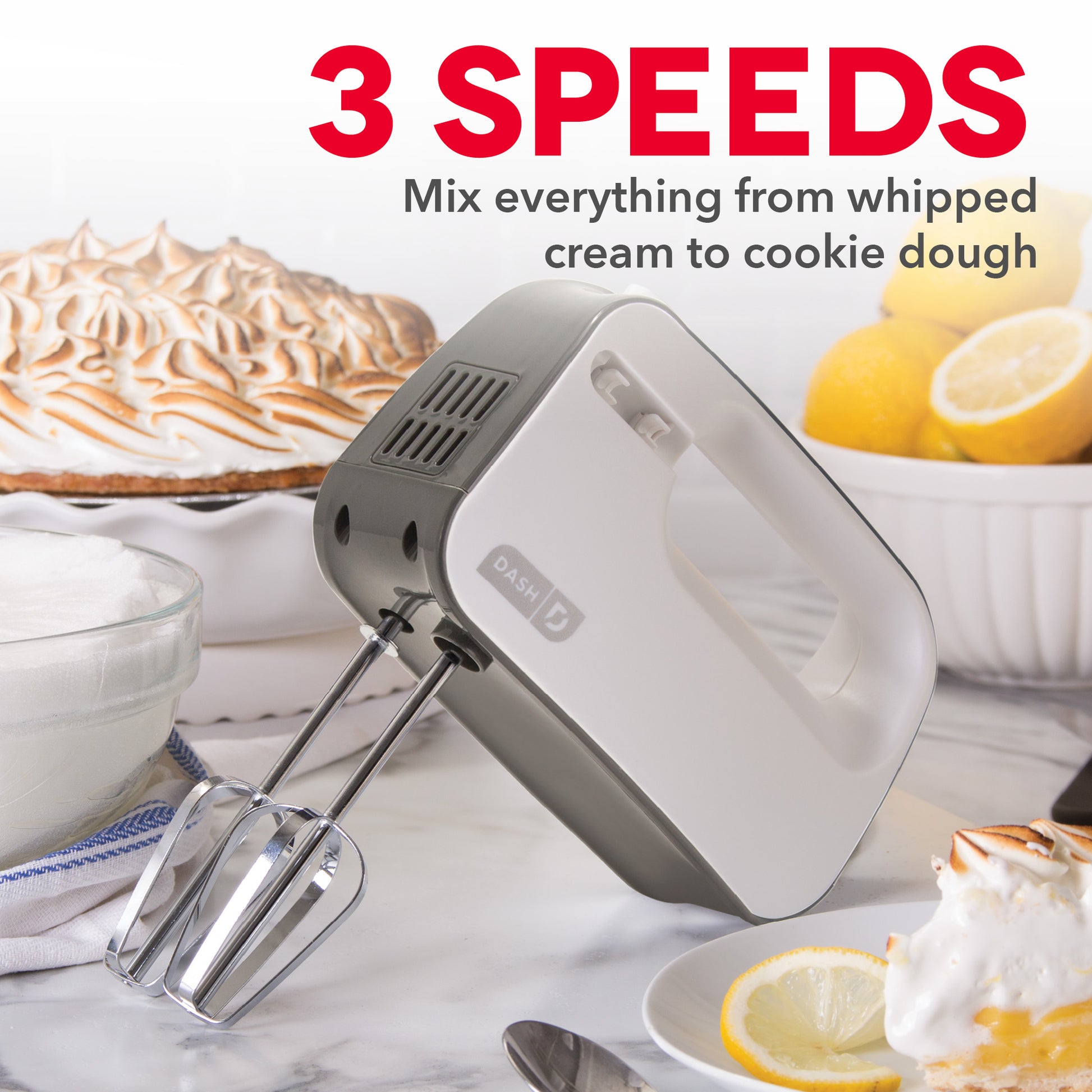 Dash SmartStore™ Compact Hand Mixer Electric for Whipping + Mixing Cookies,  Brownies, Cakes, Dough, Batters, Meringues & More, 3 Speed - Grey