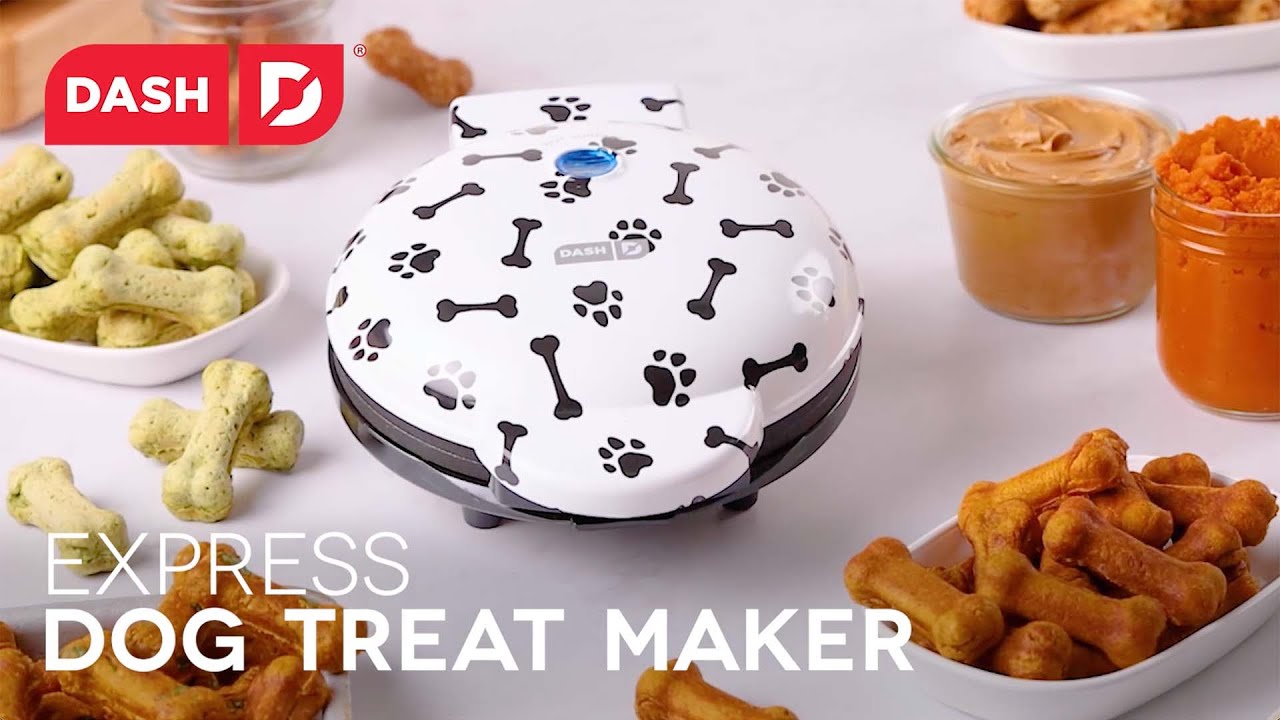 Various batters are added to the maker and baked to make 8 bone shaped dog treats.