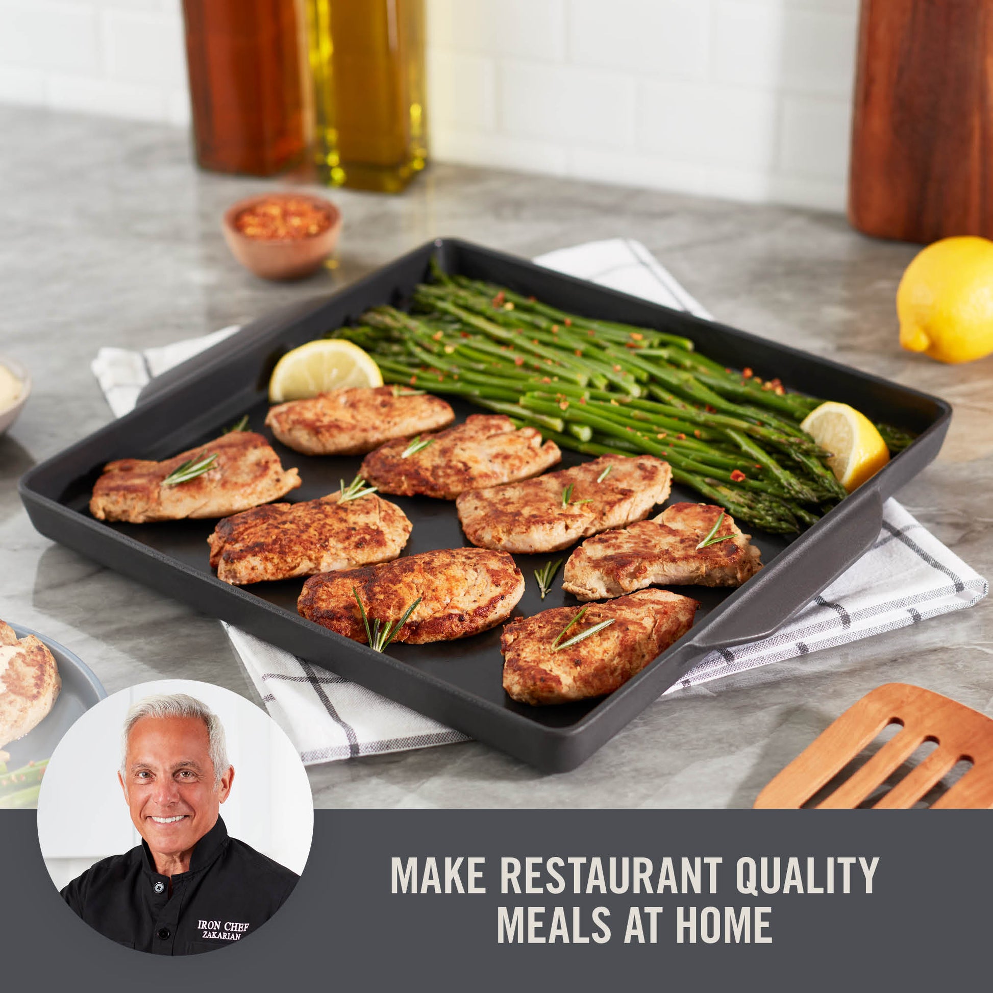 Geoffrey Zakarian 9.5 Non-Stick Cast Iron Frying Pan, Titanium-Infused  Ceramic Coating with Two Easy Pour Spouts - Gray 