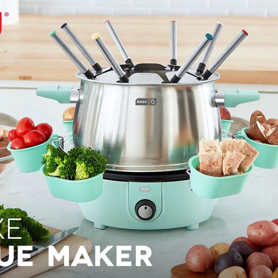 Chocolate fondue, cheese fondue, and oil fondue are shown in the Deluxe Fondue Maker with 8 fondue forks.