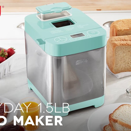 An animation of the bread maker kneading dough, proofing dough, and baking bread is show. A loaf of bread is removed from the bread maker.