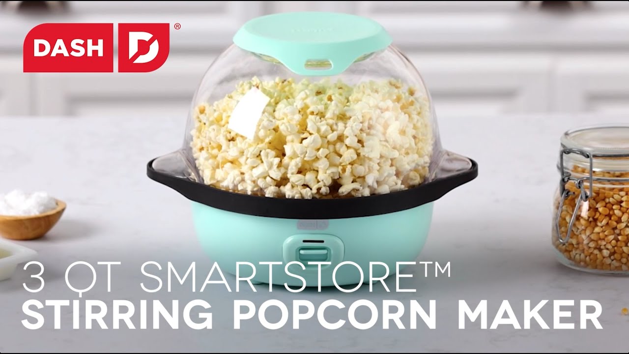 Video demonstrating that making popcorn at home is so POPPING easy with the Dash SmartStore™ Stirring Popcorn Maker. Step 1: Use the included kernel measuring cup lid. Step 2: Assemble and turn on the popcorn maker. Step 3: Add butter to the built in melting tray. Make 12 cups of popcorn in minutes, and when it’s ready just flip over and enjoy. SmartStore™ design makes it so the lid and base stack together, taking up less space in your cabinets.