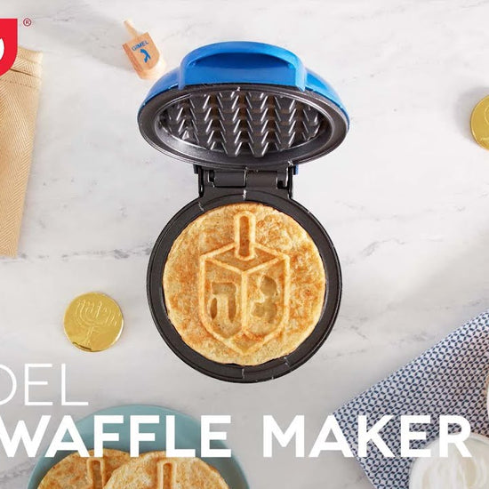 Images of the Dreidel Mini Waffle Maker are shown with waffles and latkes. 